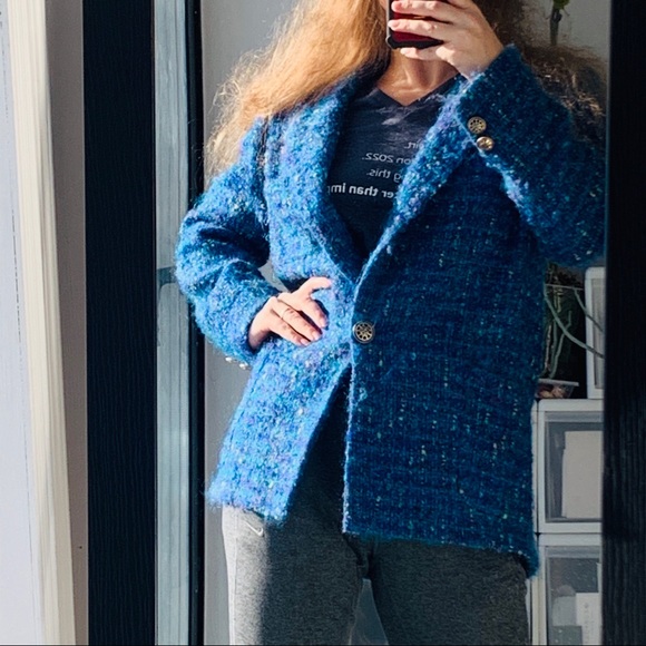 Vintage Teal Gold Metal Buttoned Bouclé Blazer - Picture 2 of 13